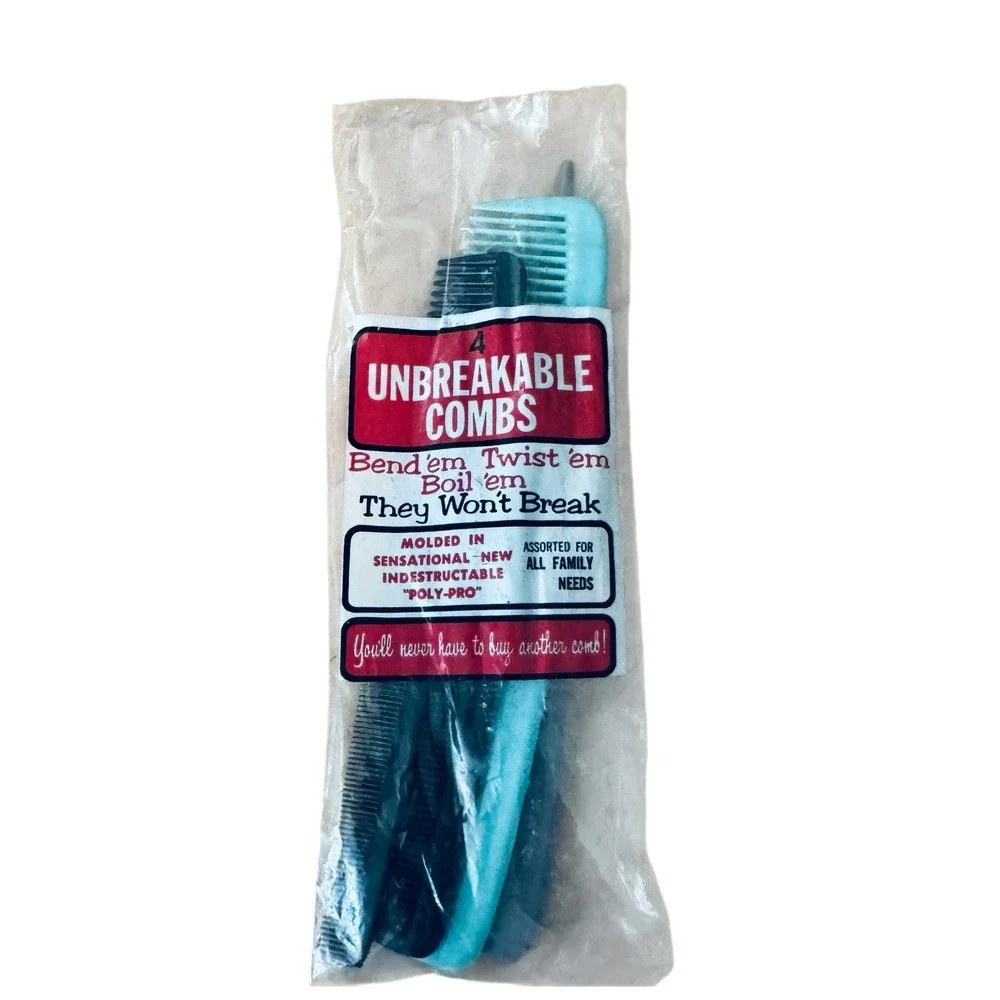 Vintage 4 Unbreakable Combs Set Poly-Pro Blue Black New Old Stock Deadstock